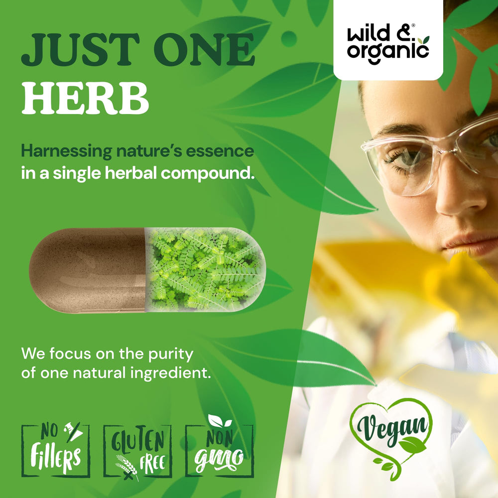 Wild & Organic vegan capsules with plant-based coating for easy swallowing.