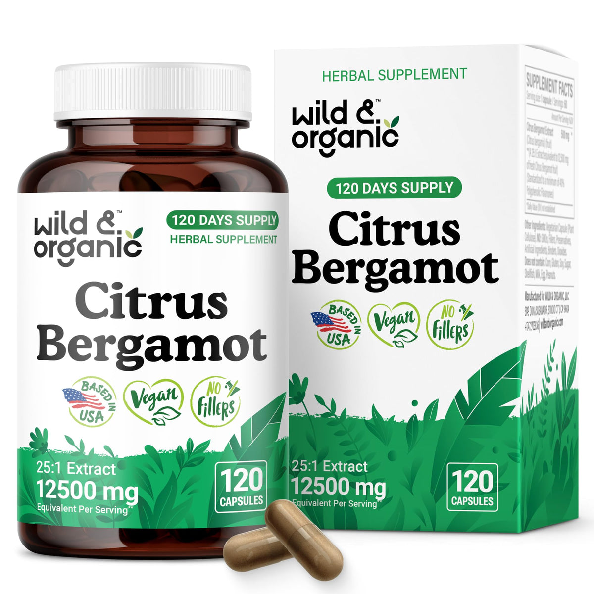 Wild & Organic citrus bergamot capsules bottle highlighting antioxidant support