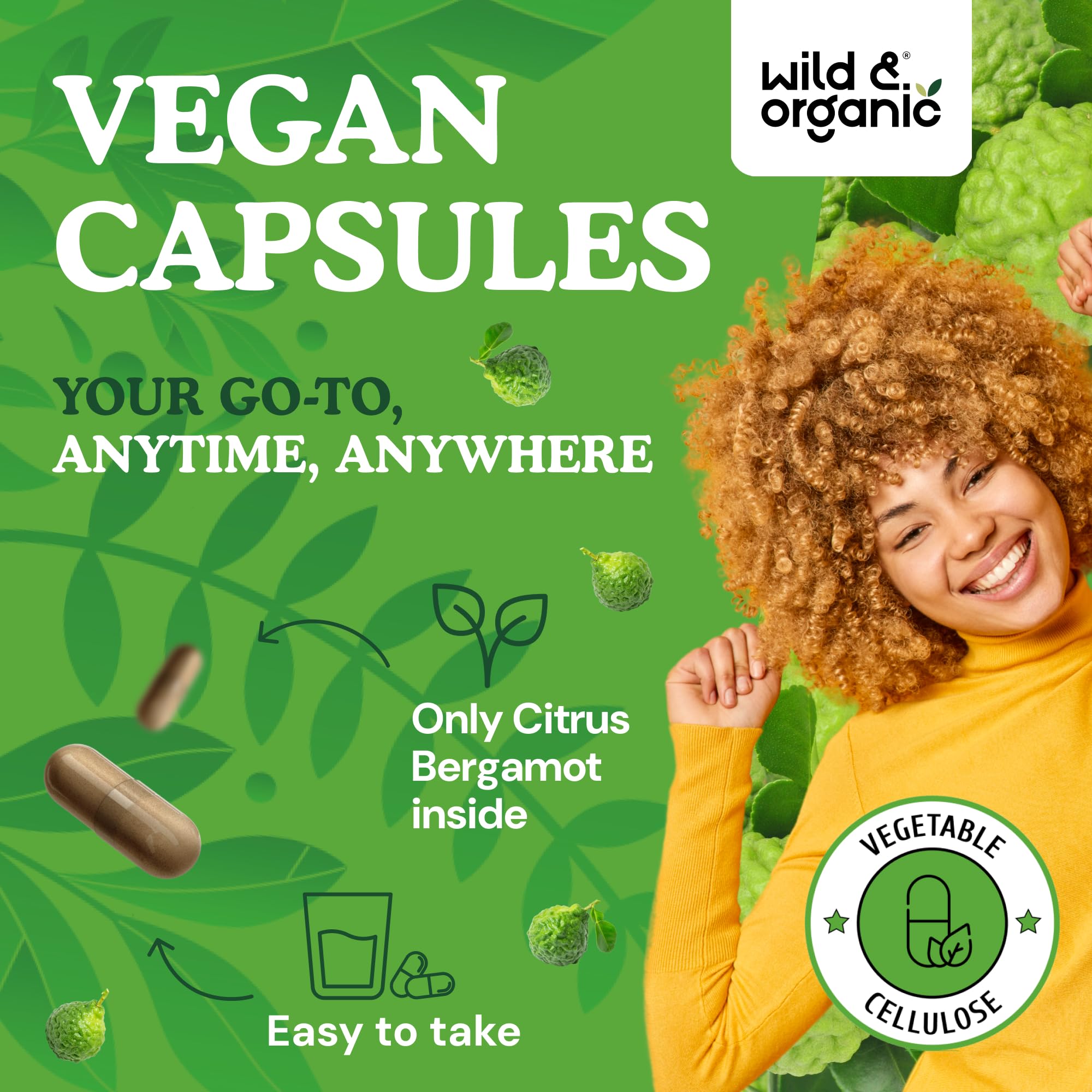 Wild & Organic bergamot capsules closeup with smooth coating for easy intake