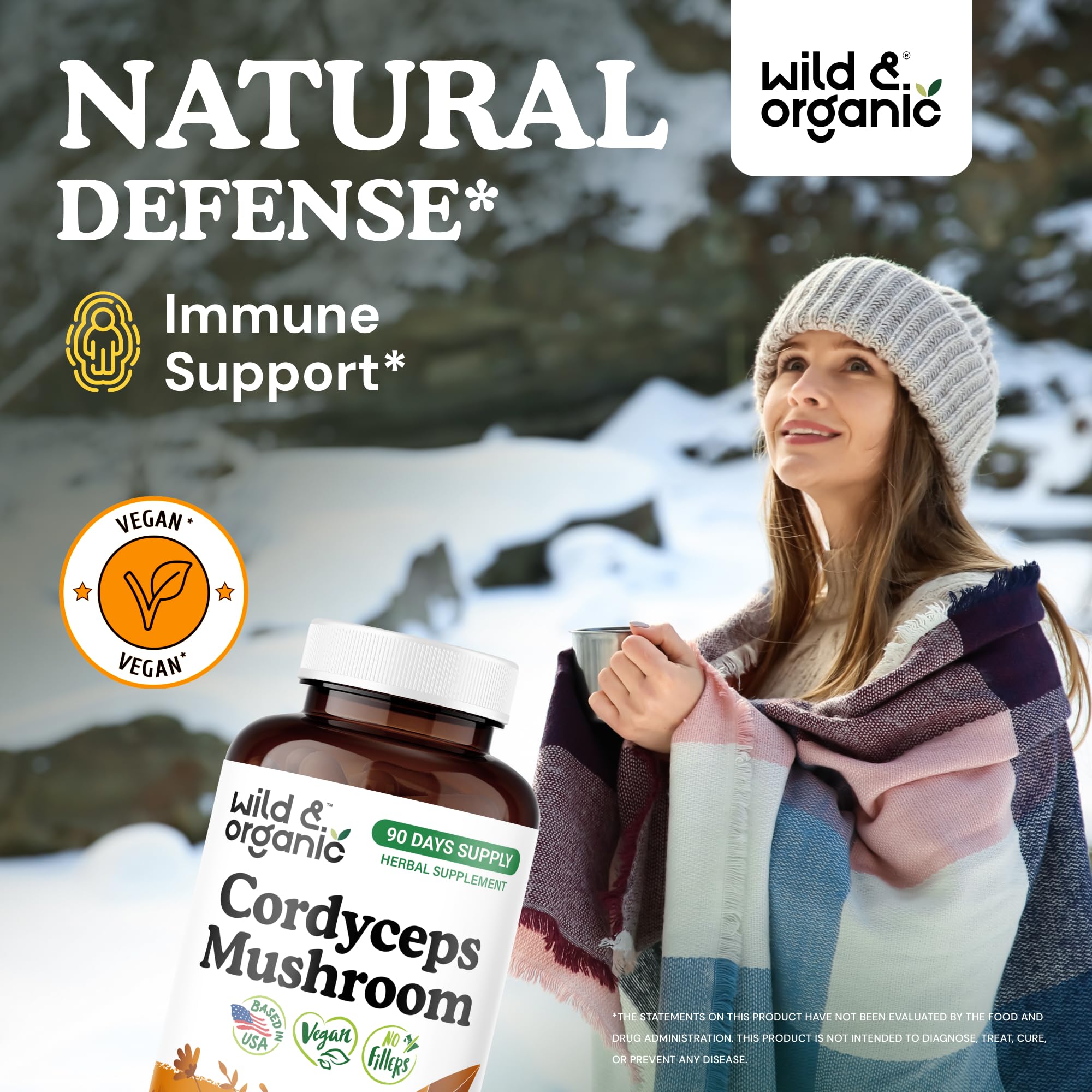 Wild & Organic label close-up highlighting vegan, non-GMO formula.