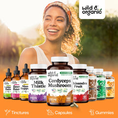 Wild & Organic cordyceps powder imagery emphasizing mushroom extract purity.