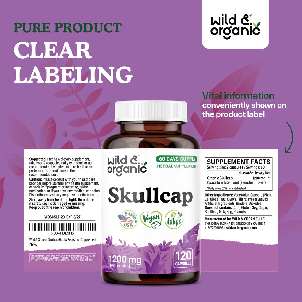 Wild & Organic skullcap bottle on a clean surface with natural ingredients