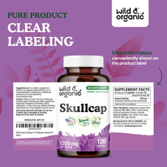 Wild & Organic skullcap bottle on a clean surface with natural ingredients