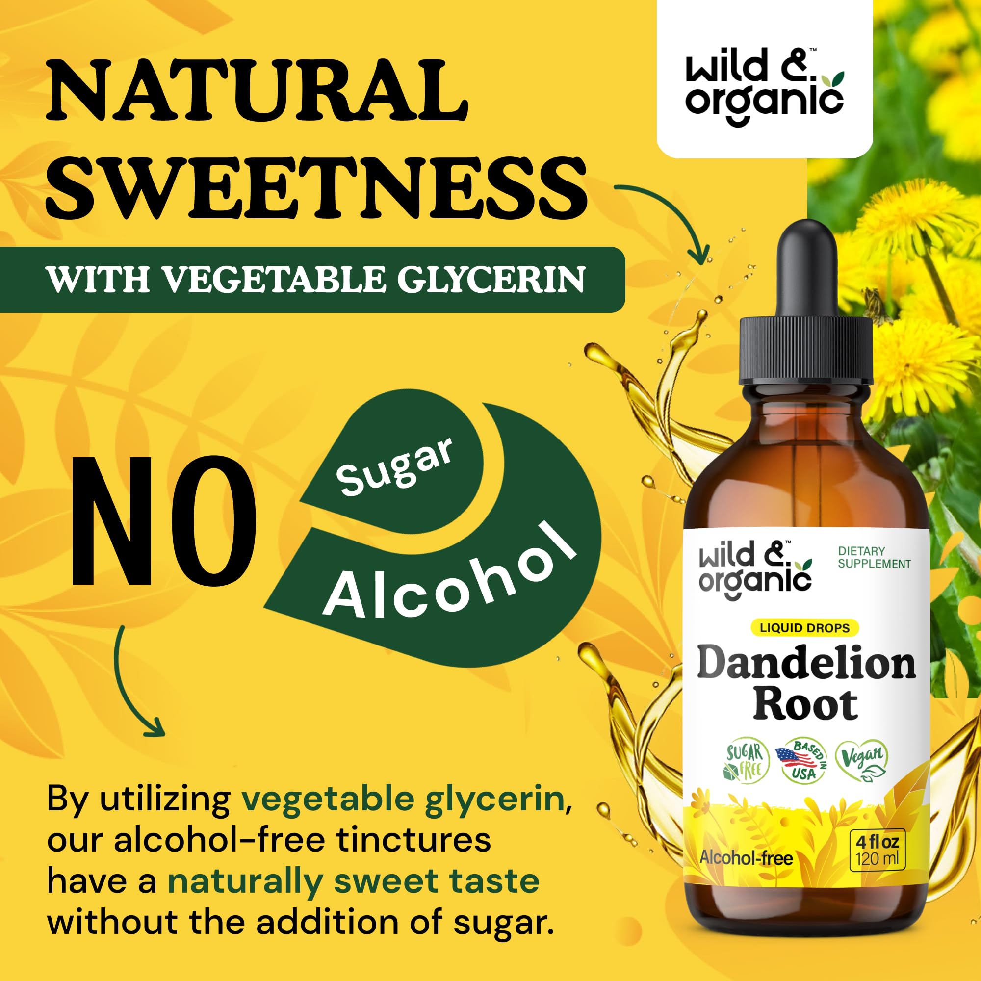 Wild & Organic label and drops emphasizing natural sweetness without sugar