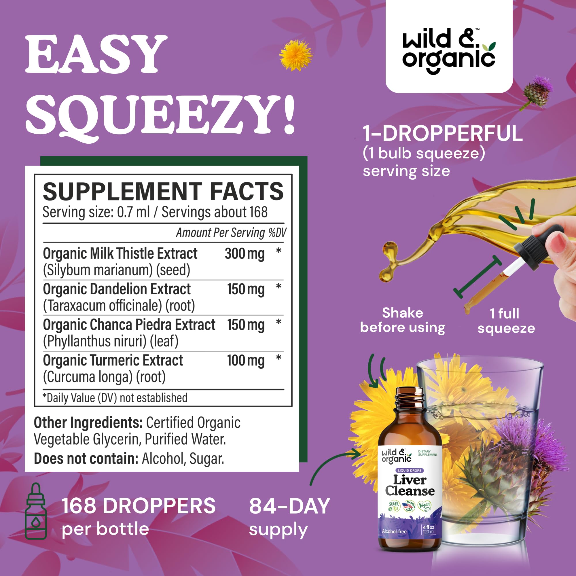 Wild & Organic dandelion root herbal complex shows natural liver support.