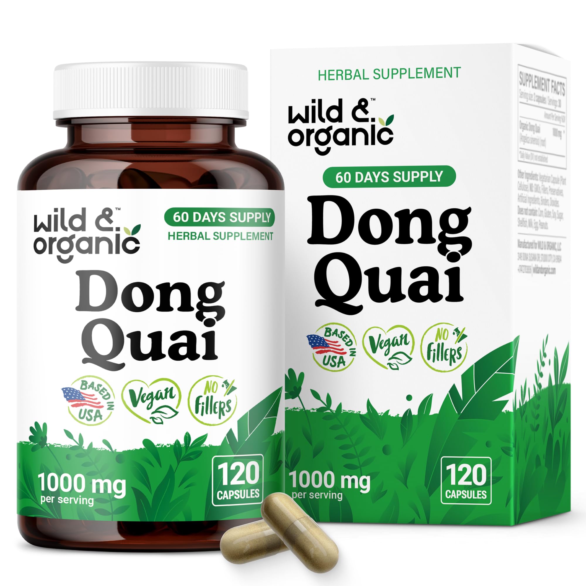 Wild & Organic Dong Quai Capsules bottle front showing 120-count vegan, gluten-free herbal supplement for menopause support