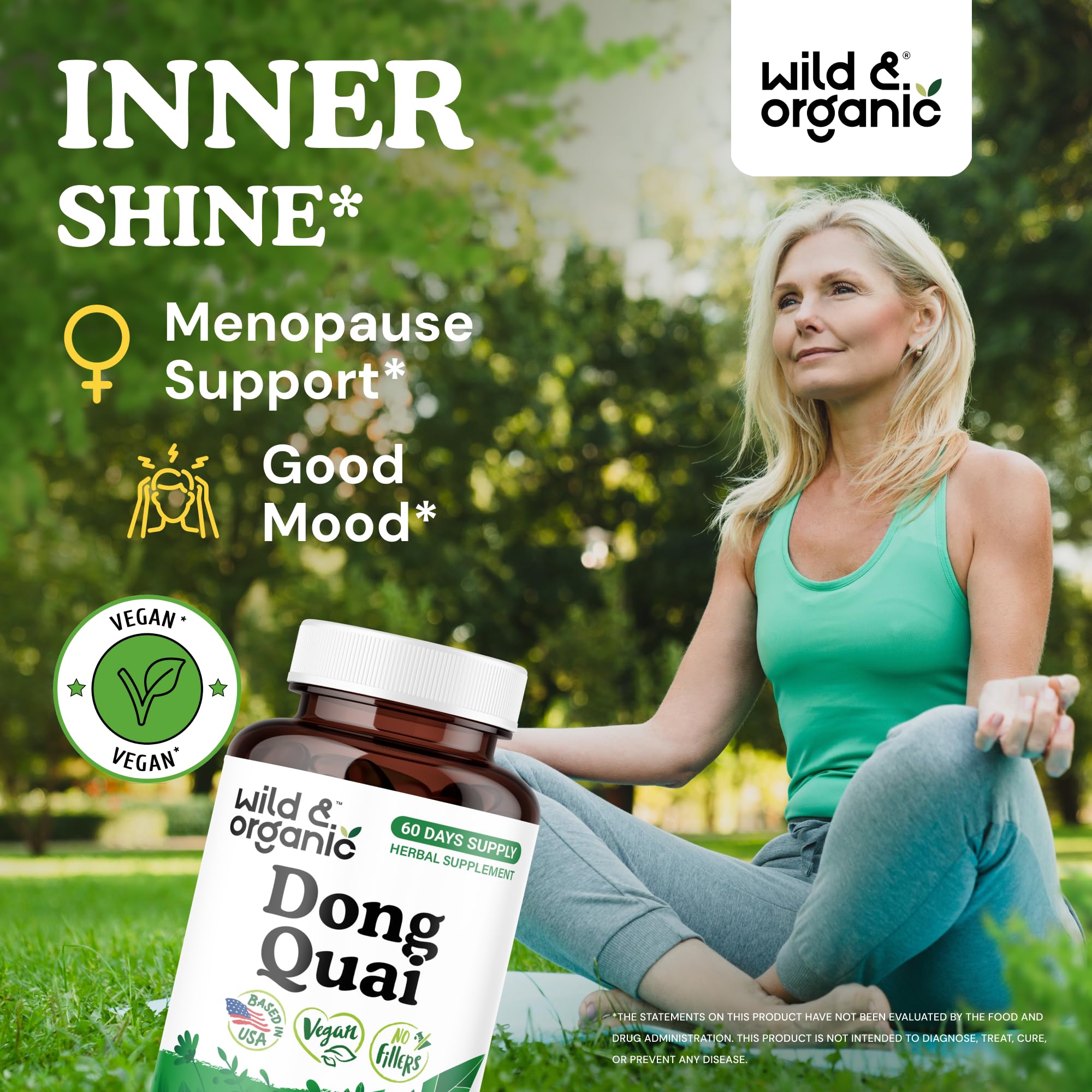Wild & Organic Dong Quai Capsules bottle side view highlighting vegan, non-GMO formulation