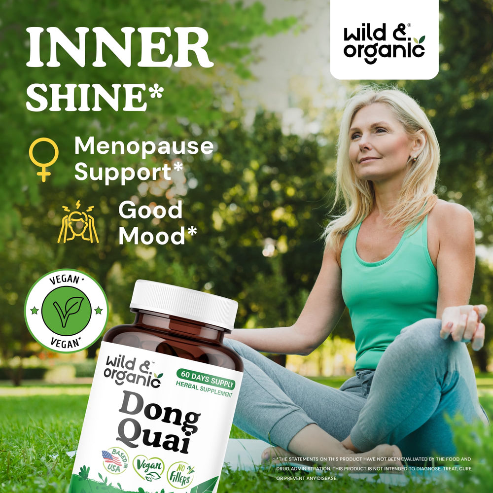 Wild & Organic Dong Quai Capsules bottle side view highlighting vegan, non-GMO formulation