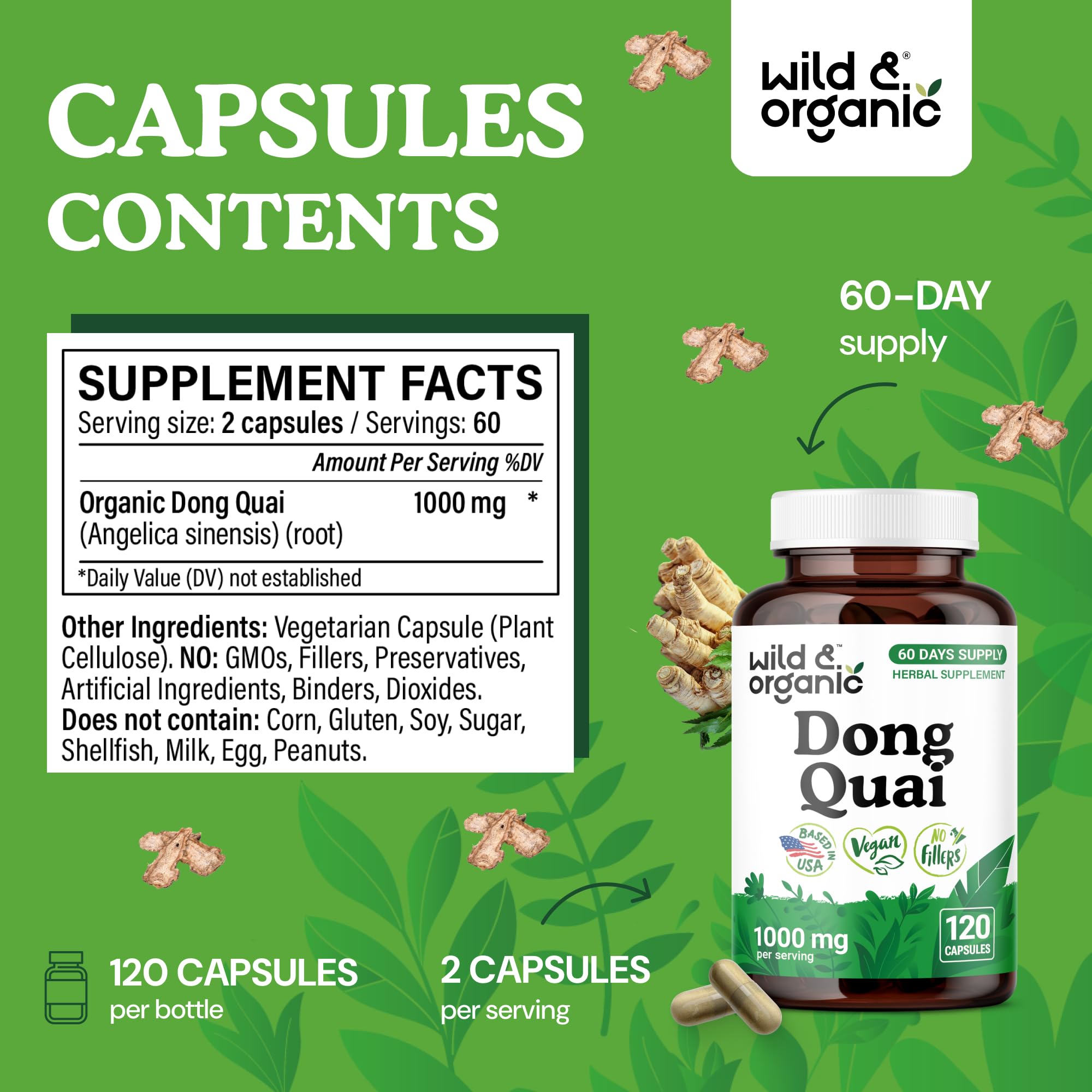 Wild & Organic Dong Quai Capsules close-up cap emphasizes easy-to-swallow capsules