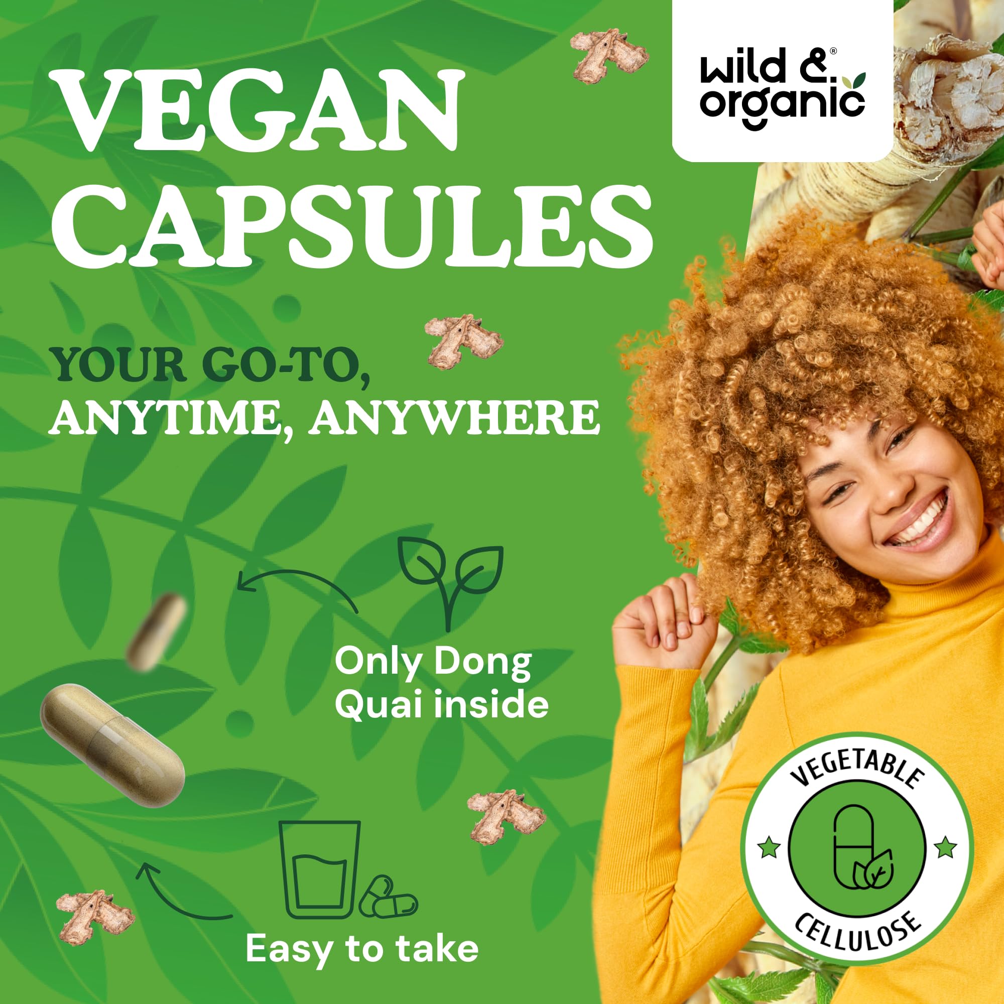 Close-up of Wild & Organic label on the dong quai capsules detailing ingredients and 60-day supply