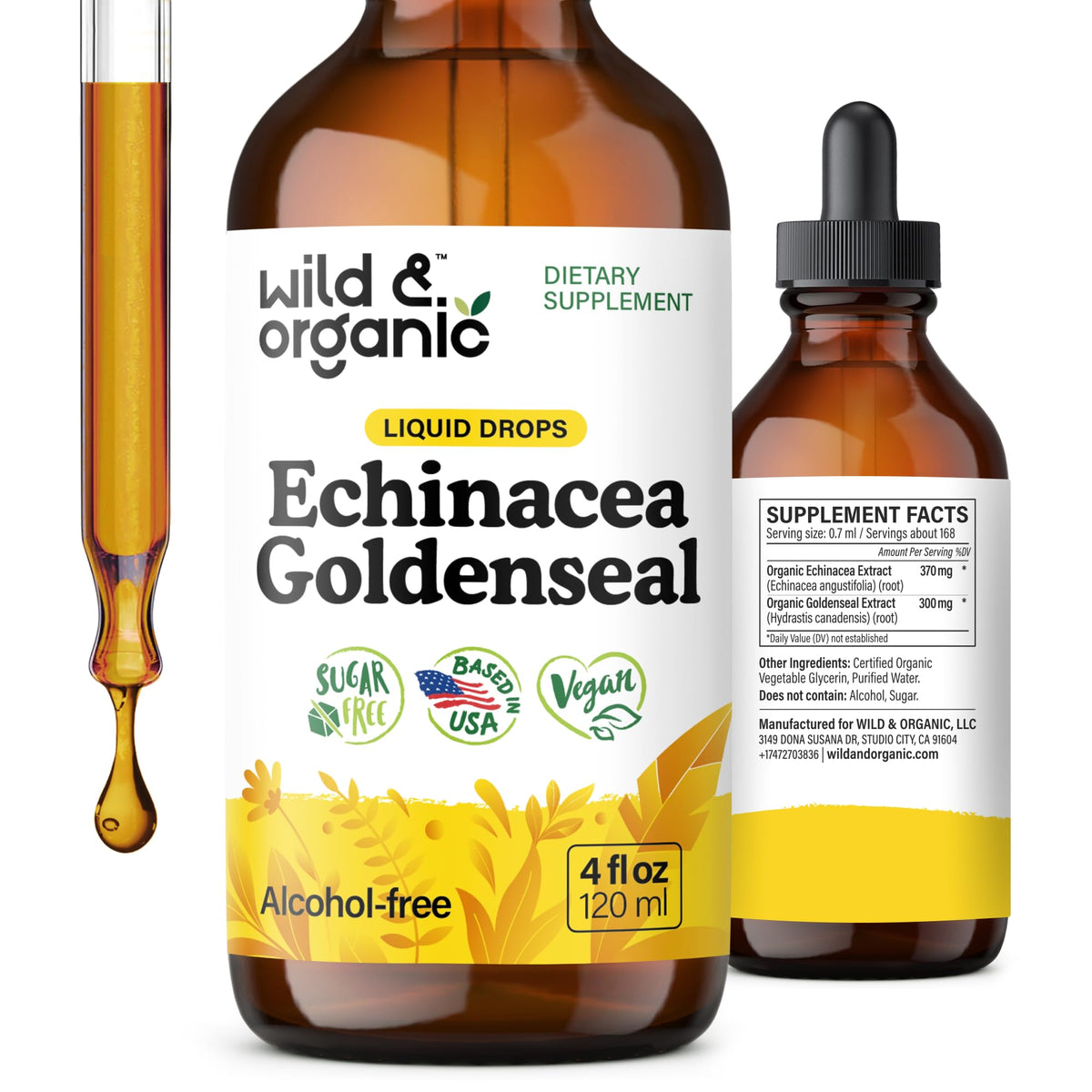 Wild & Organic Echinacea Goldenseal tincture bottle close-up, highlighting vegan, alcohol-free immune support.