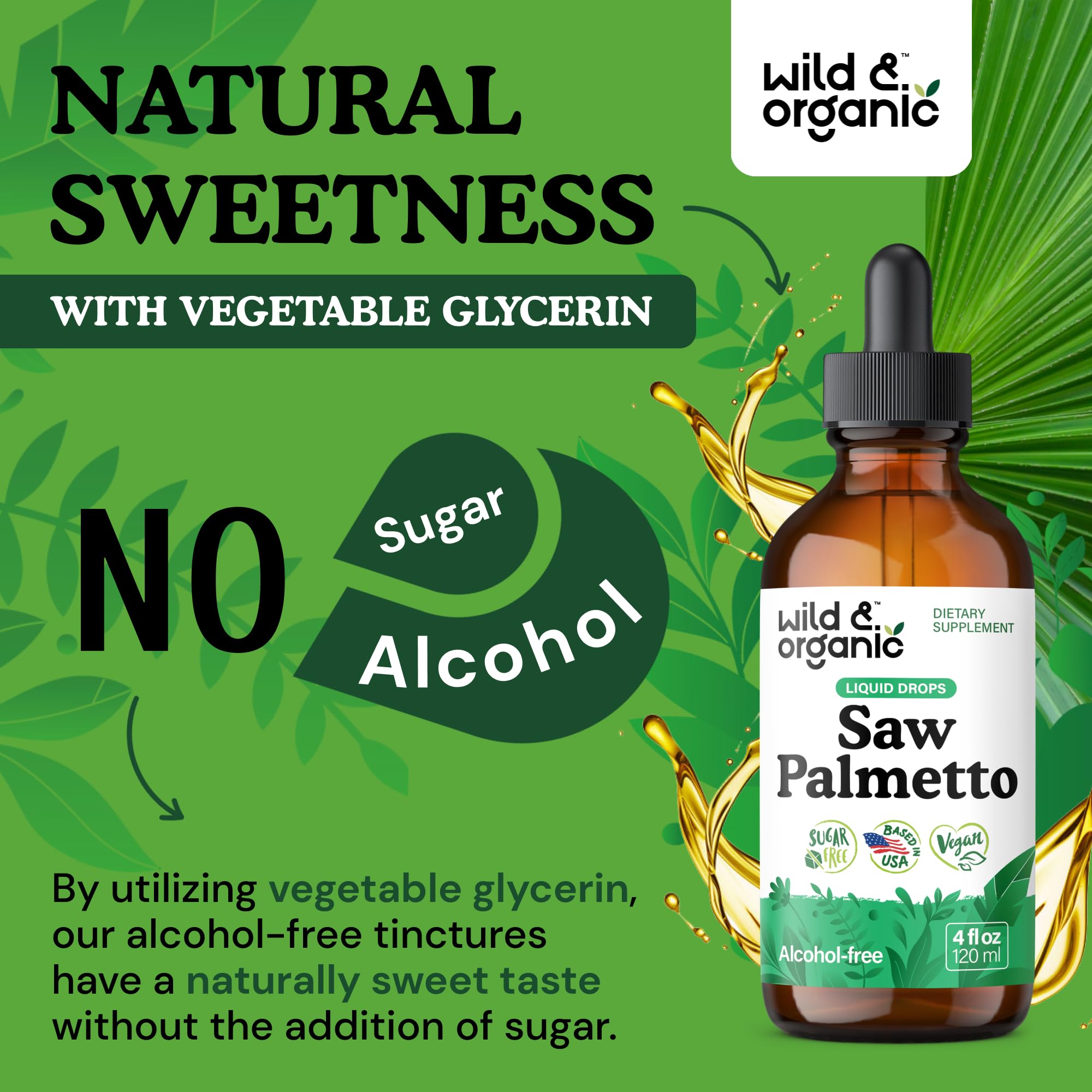 Wild & Organic glycerin-based tincture bottle emphasizes alcohol-free formula.