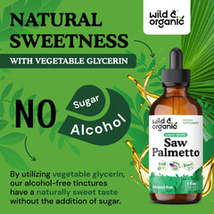 Wild & Organic glycerin-based tincture bottle emphasizes alcohol-free formula.