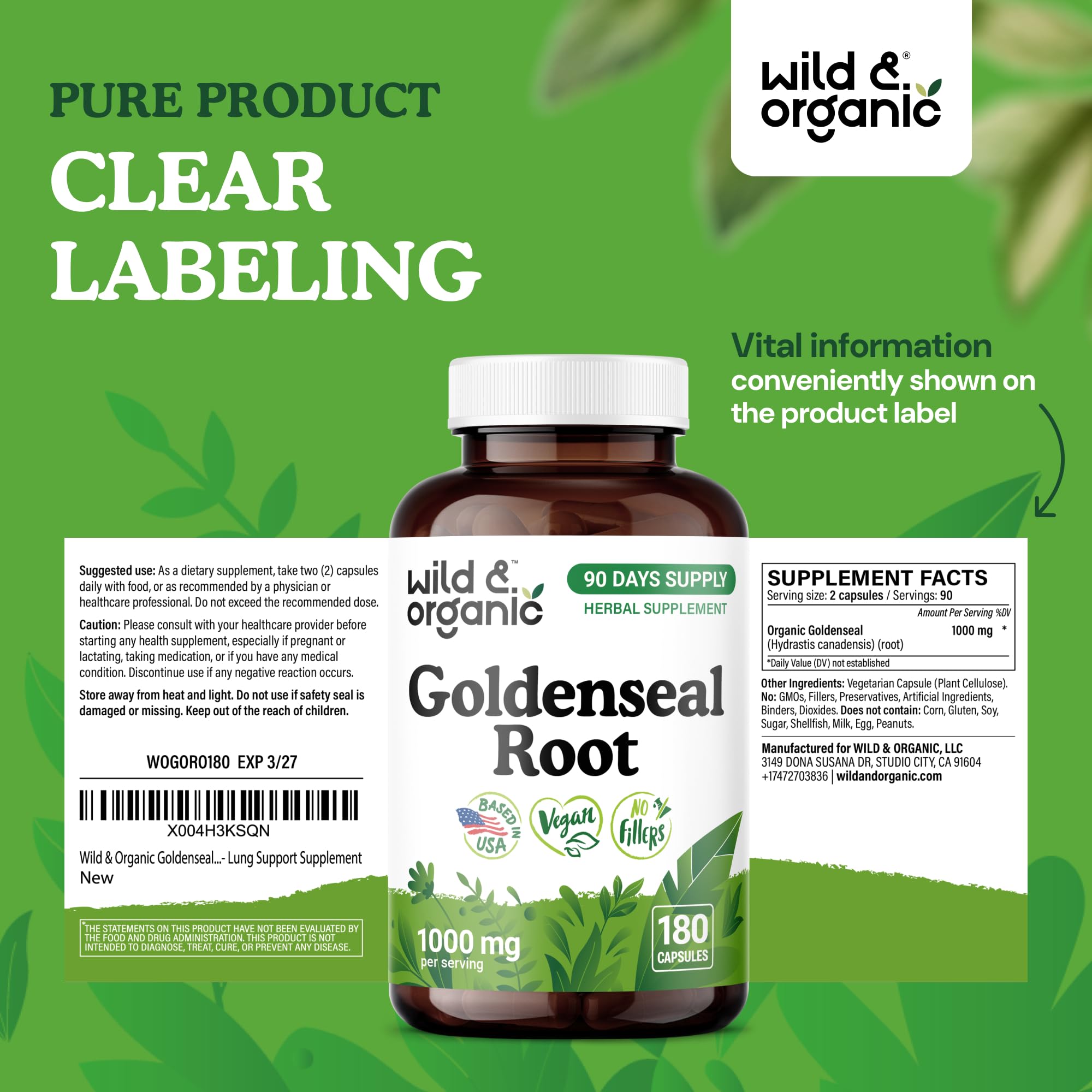 Branding on Wild & Organic Goldenseal packaging emphasizes natural wellness.