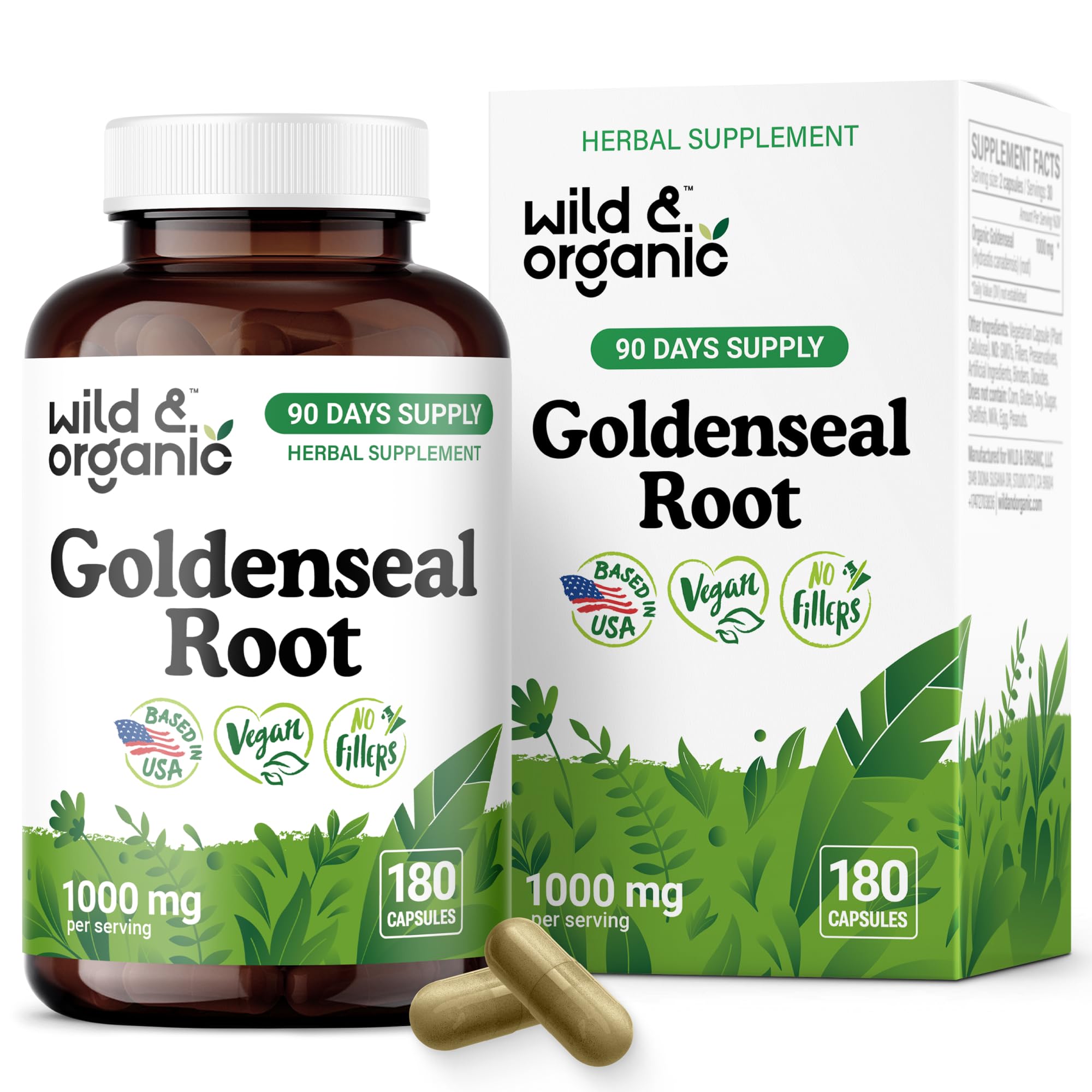 Wild & Organic Goldenseal bottle front shows vegan, non-GMO formula.