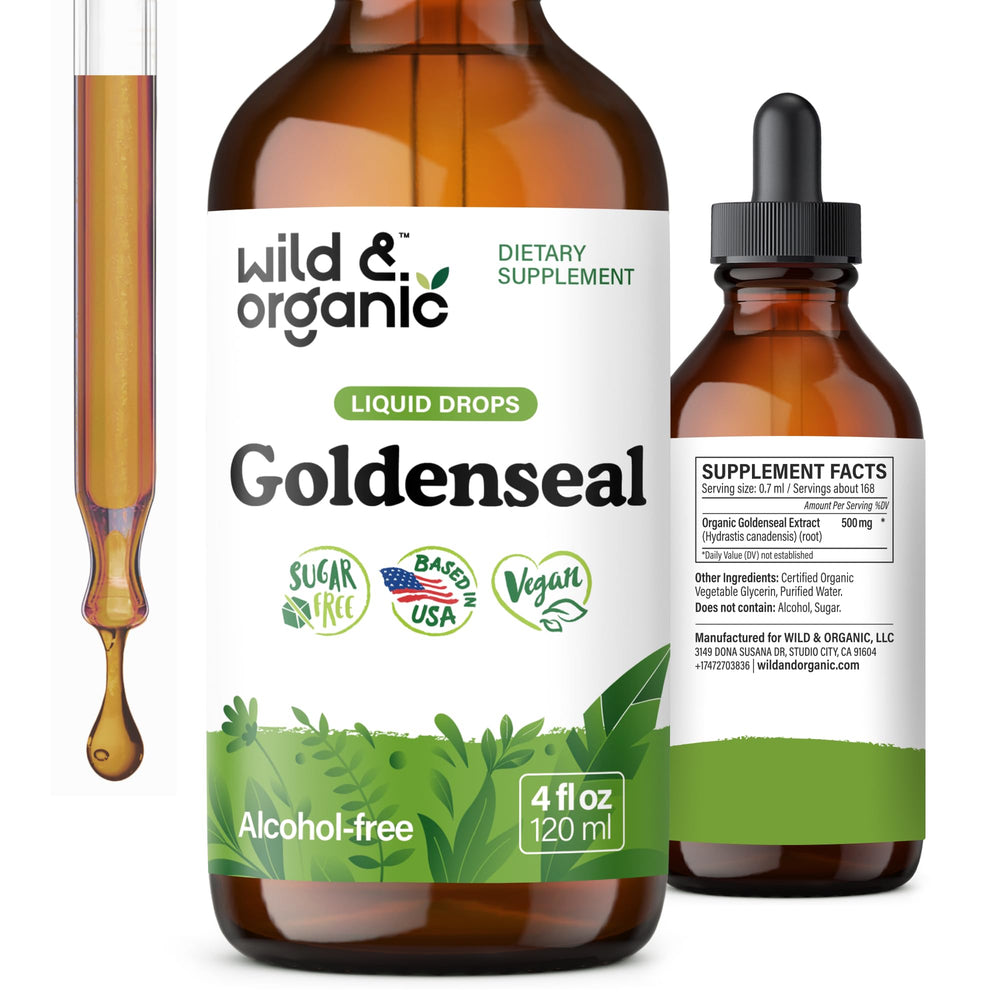 Wild & Organic Goldenseal tincture bottle showing vegan, alcohol-free formula for daily lung and digestive support.