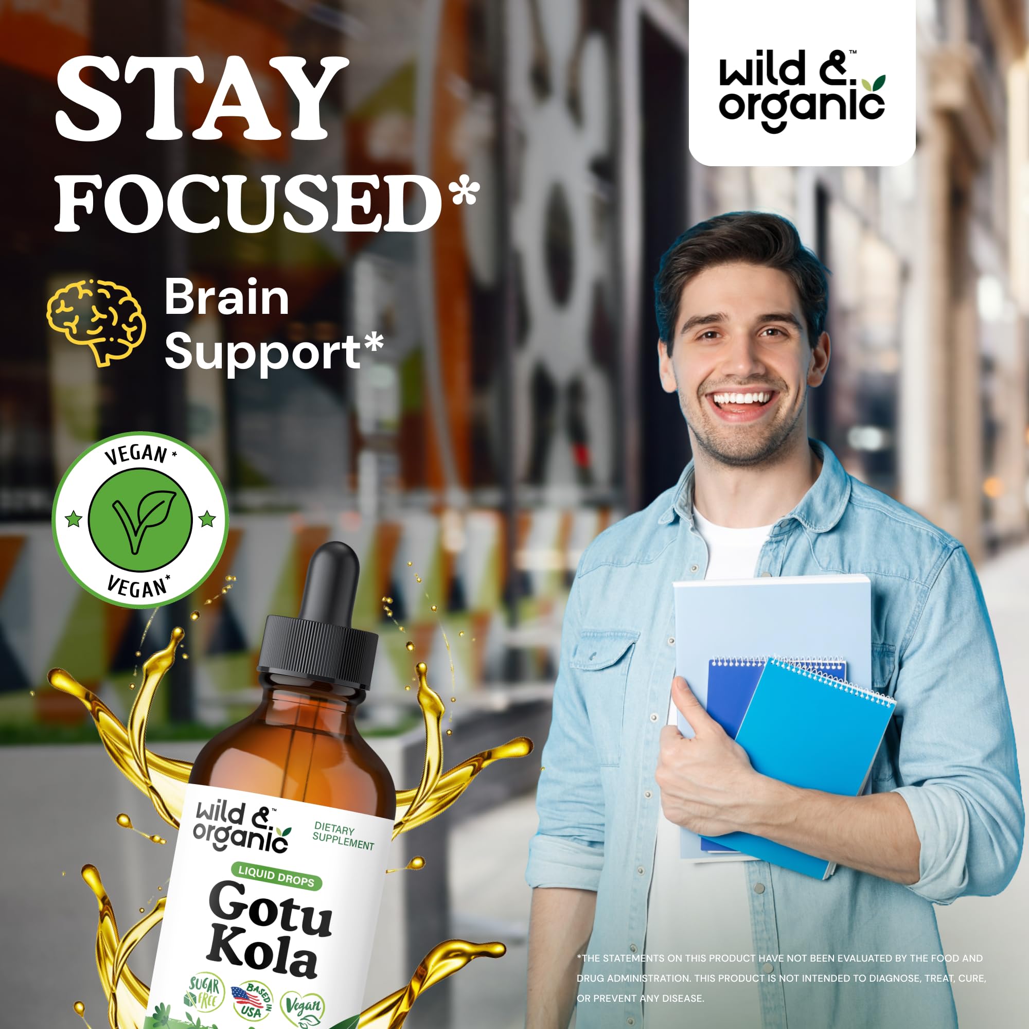 Wild & Organic Gotu Kola bottle closeup highlights the vegan formula.