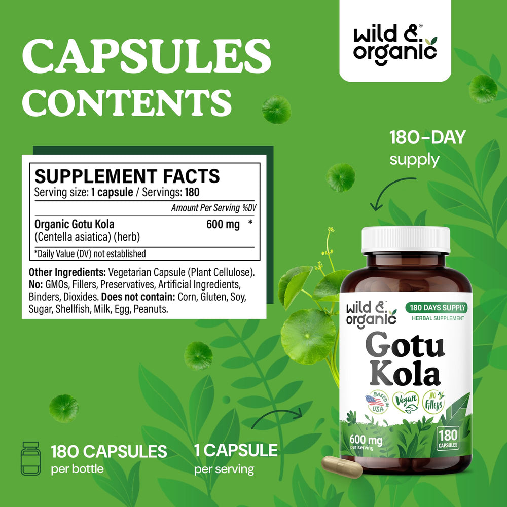 Wild & Organic Gotu Kola Capsules bottle front shows 180-day supply.