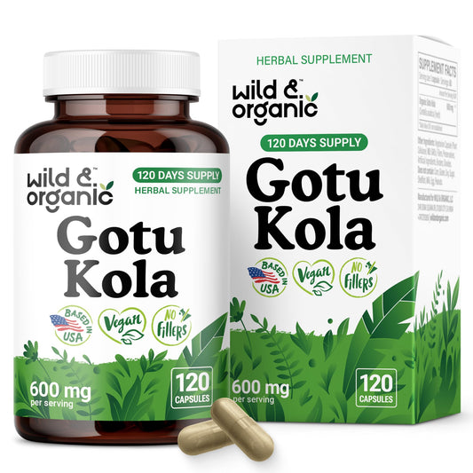 Wild and Organic Gotu Kola capsules bottle highlights brain support.