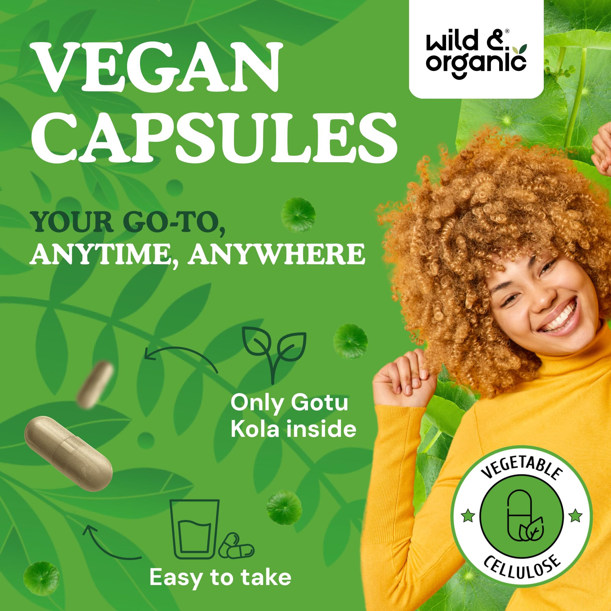 Closeup of Wild and Organic Gotu Kola capsules showing easy-to-take design.