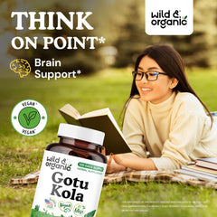 Packaging of Wild and Organic Gotu Kola capsules shows vegan, non-GMO formula.