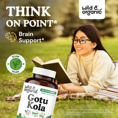 Wild & Organic Gotu Kola Capsules plant-based coating highlights vegan formula.
