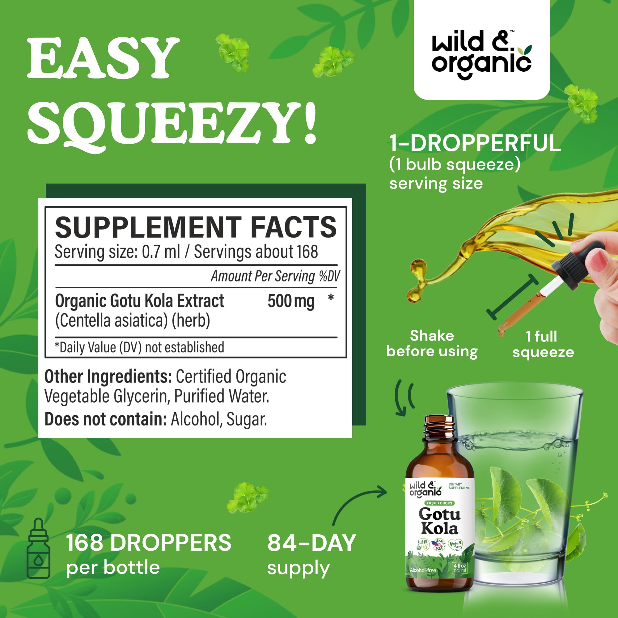 Wild & Organic Gotu Kola dropper dispensing a precise dose.