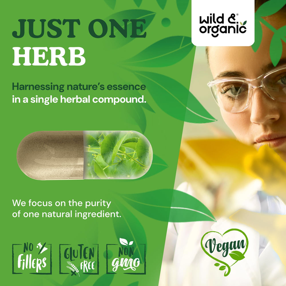 Wild & Organic Gotu Kola Capsules ingredients page emphasizes centella asiatica 600 mg per serving.
