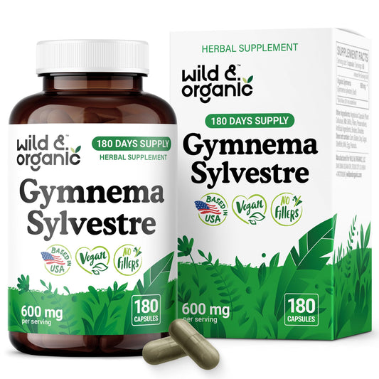 Wild & Organic Gymnema Sylvestre bottle front highlighting 600 mg capsules for daily wellness.
