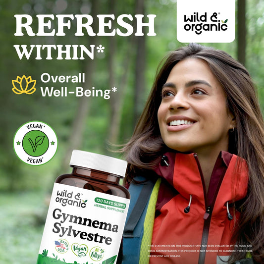 Wild & Organic Gymnema Sylvestre capsules bottle back—transparent ingredients and non-GMO promise.
