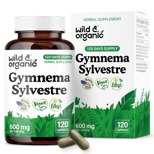 Wild & Organic Gymnema Sylvestre capsules bottle front—600 mg per serving for daily support.