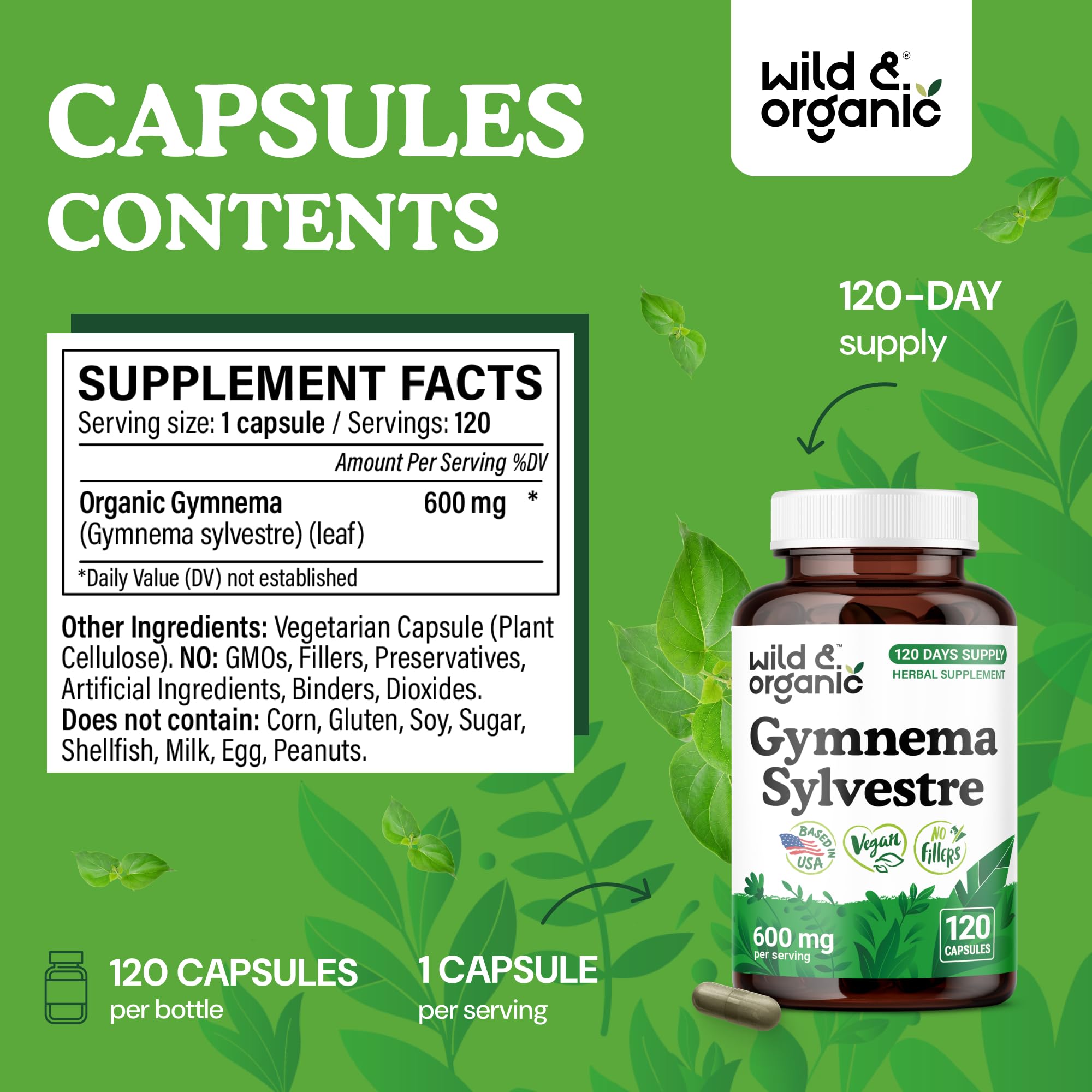 Wild & Organic gymnema sylvestre capsules on desk—vegan, filler-free supplementation.