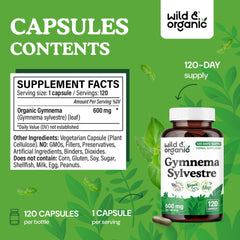 Wild & Organic gymnema sylvestre capsules on desk—vegan, filler-free supplementation.