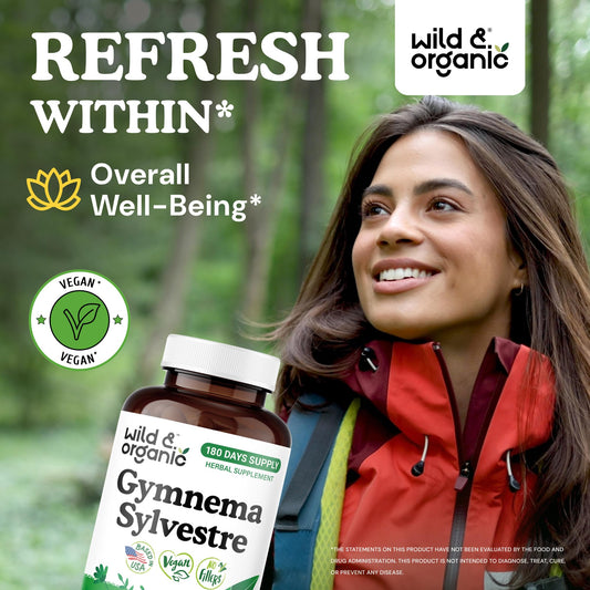 Pour image of Wild & Organic Gymnema Sylvestre capsules showing easy daily dosing.