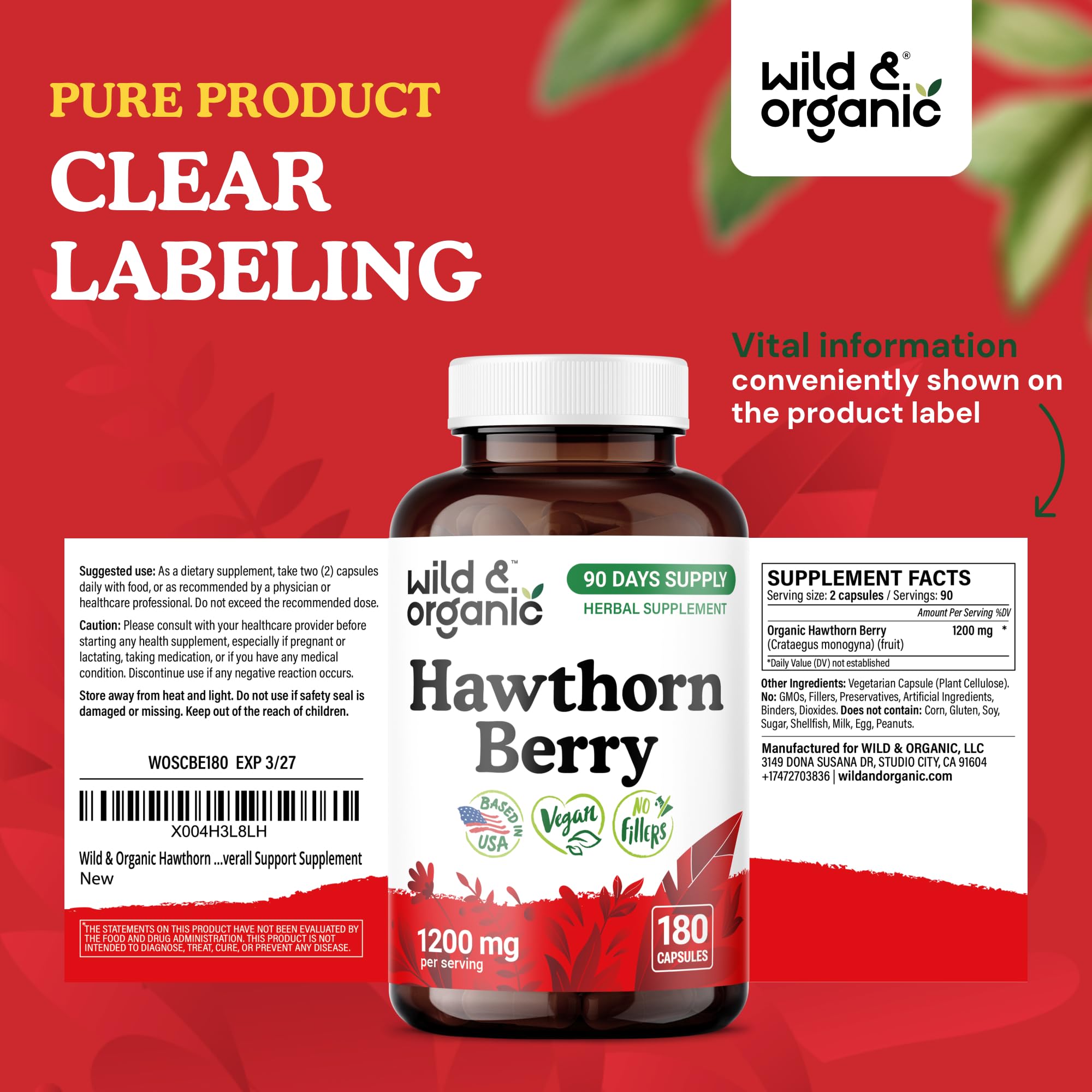 Wild & Organic hawthorn 180-count bottle designed for a 90-day supply.
