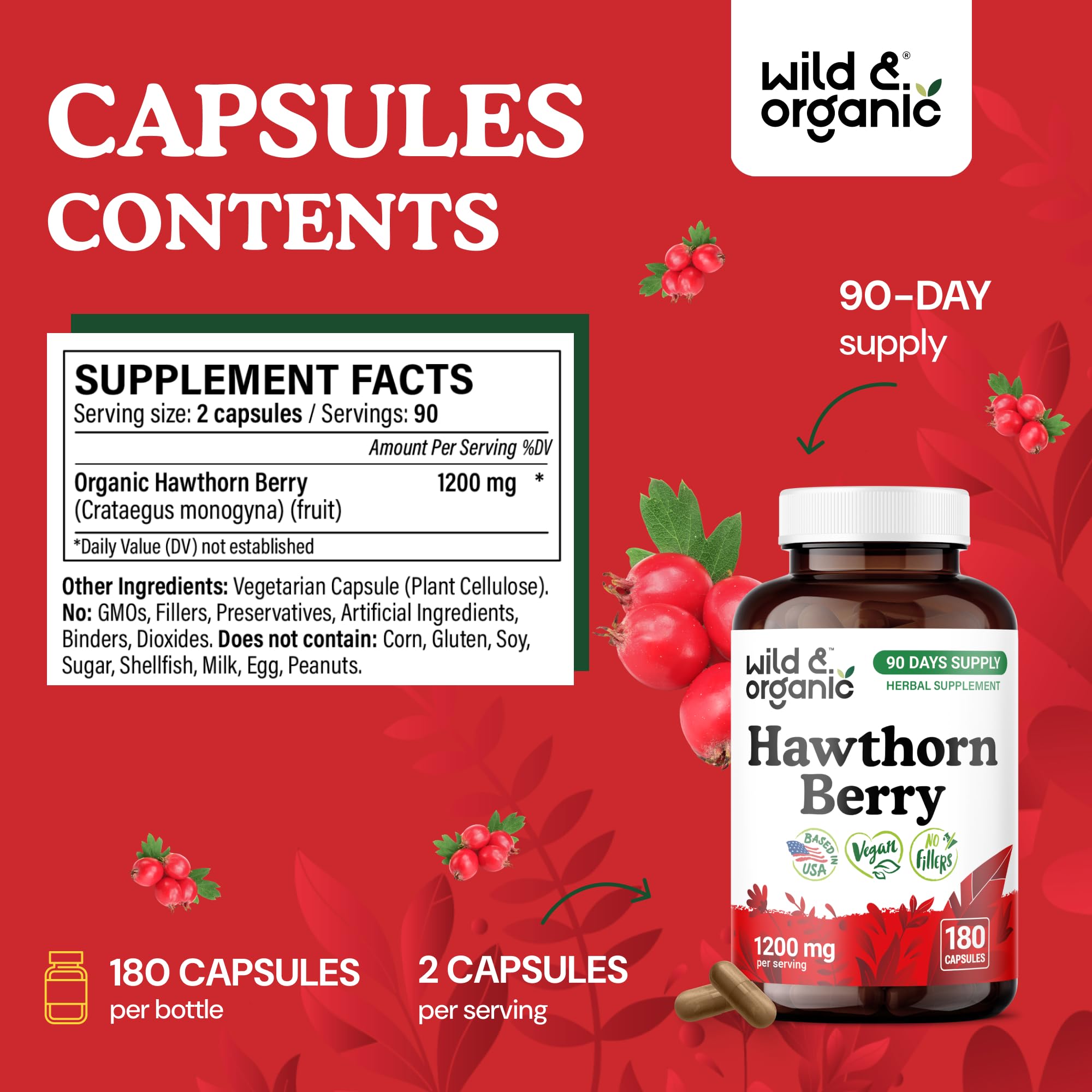 Wild & Organic hawthorn berry powder capsule close-up highlighting quality ingredients.