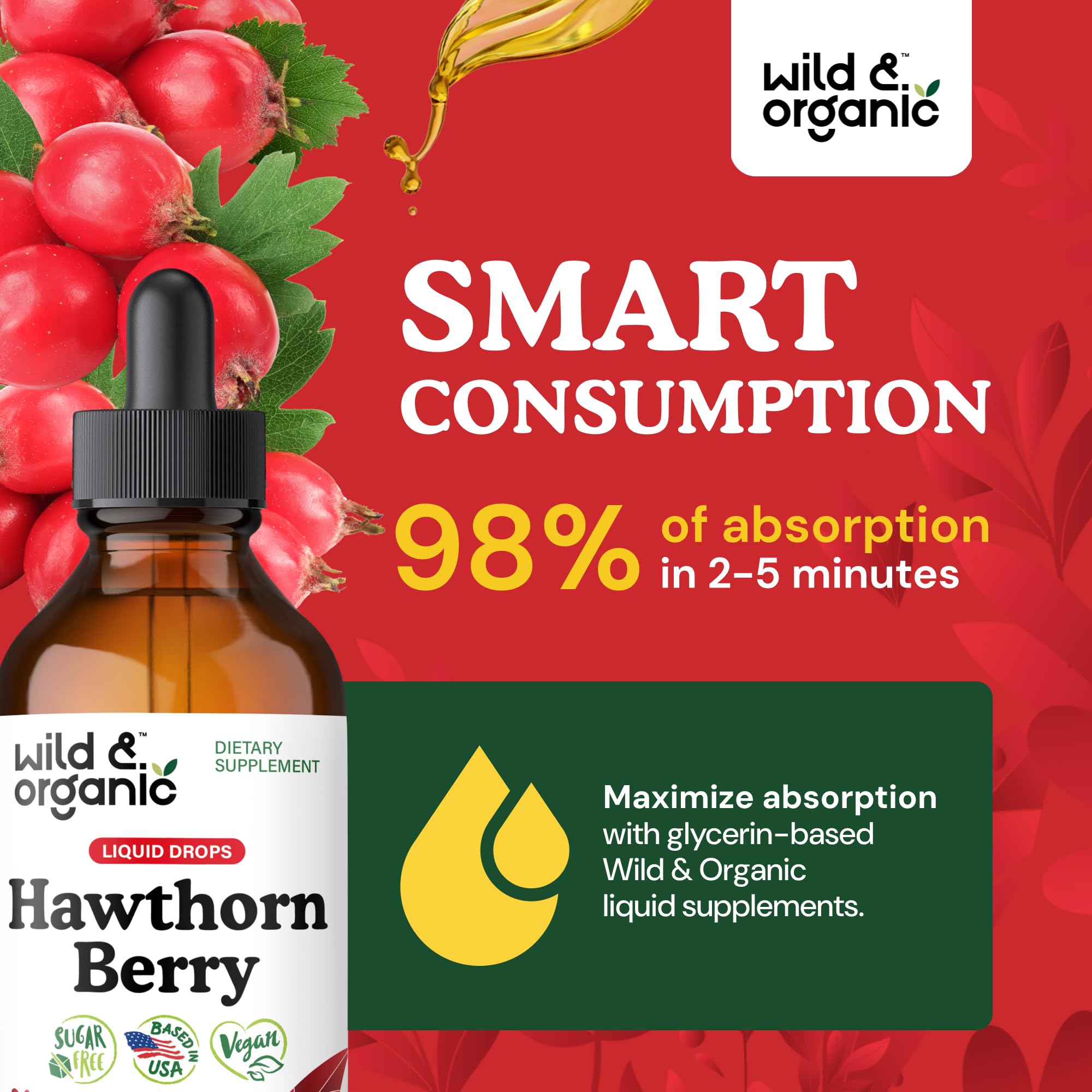 Wild & Organic hawthorn tincture amber liquid ideal for smooth daily use.