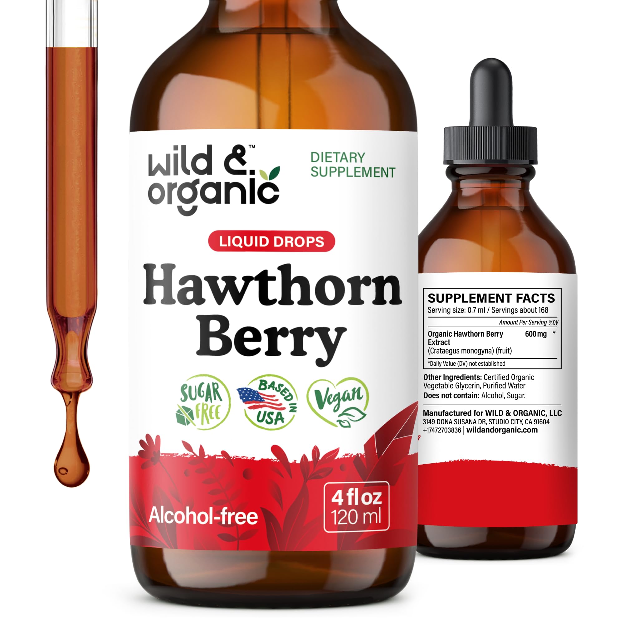 Wild & Organic hawthorn tincture bottle showing vegan, alcohol-free daily support.