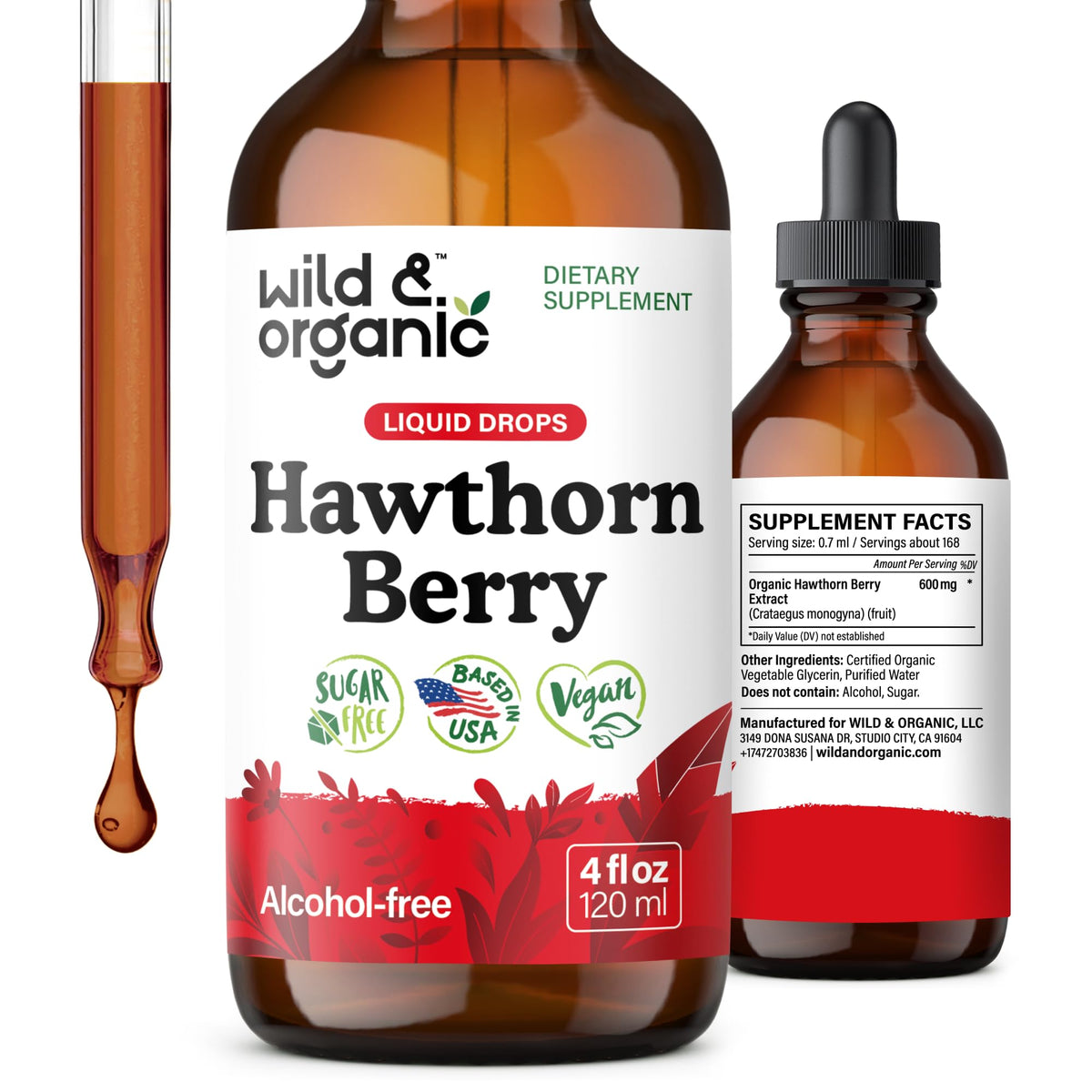 Wild & Organic hawthorn tincture bottle showing vegan, alcohol-free daily support.