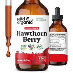 Wild & Organic hawthorn tincture bottle showing vegan, alcohol-free daily support.