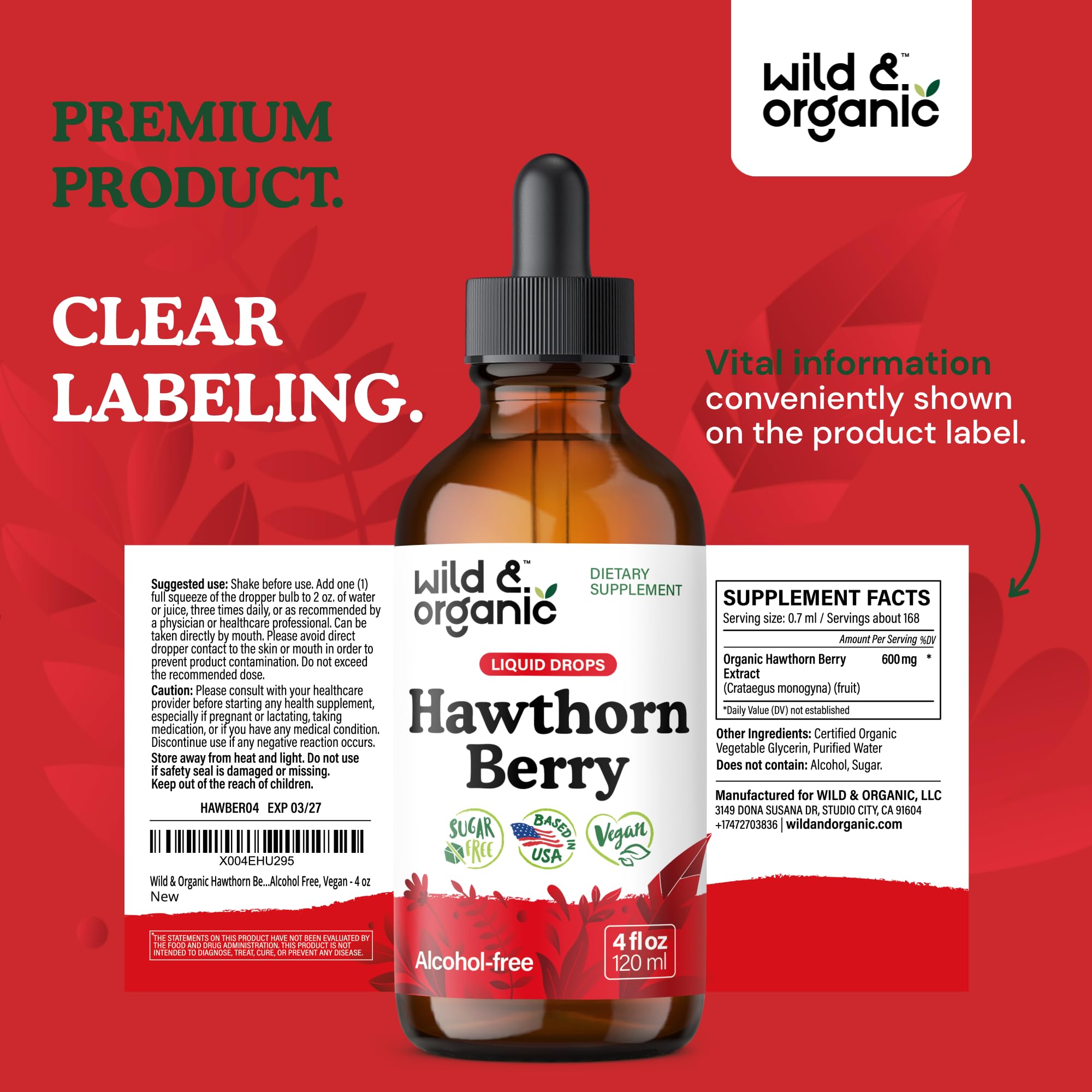 Wild & Organic hawthorn tincture dietary supplement for everyday wellness.