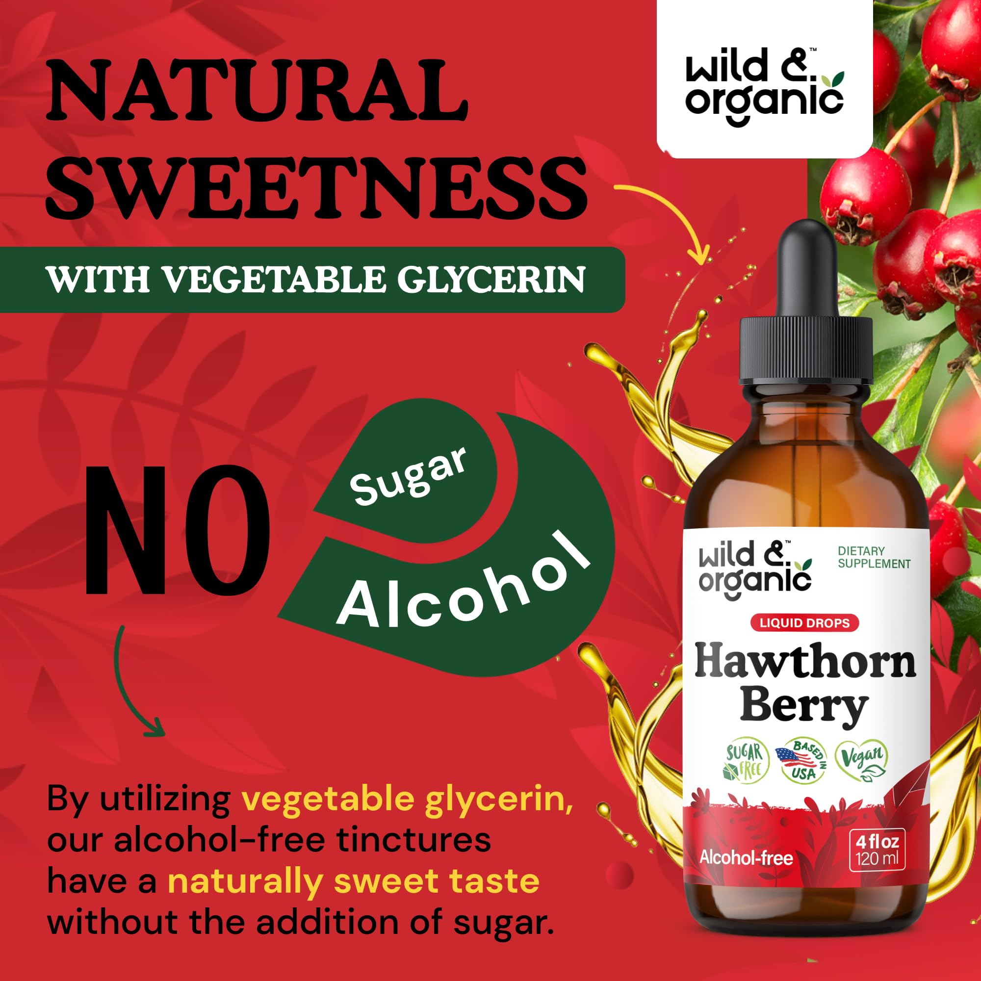 Wild & Organic hawthorn tincture vegan formula for sugar-free administration.