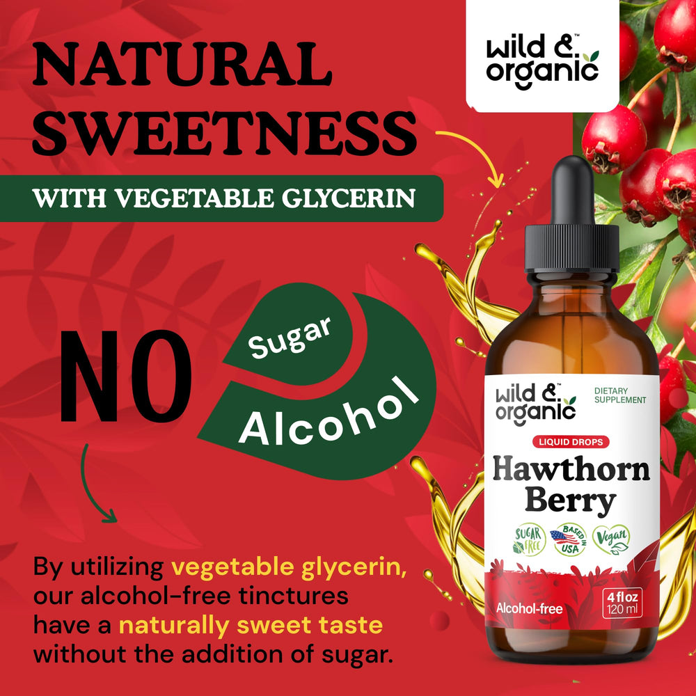 Wild & Organic hawthorn tincture vegan formula for sugar-free administration.