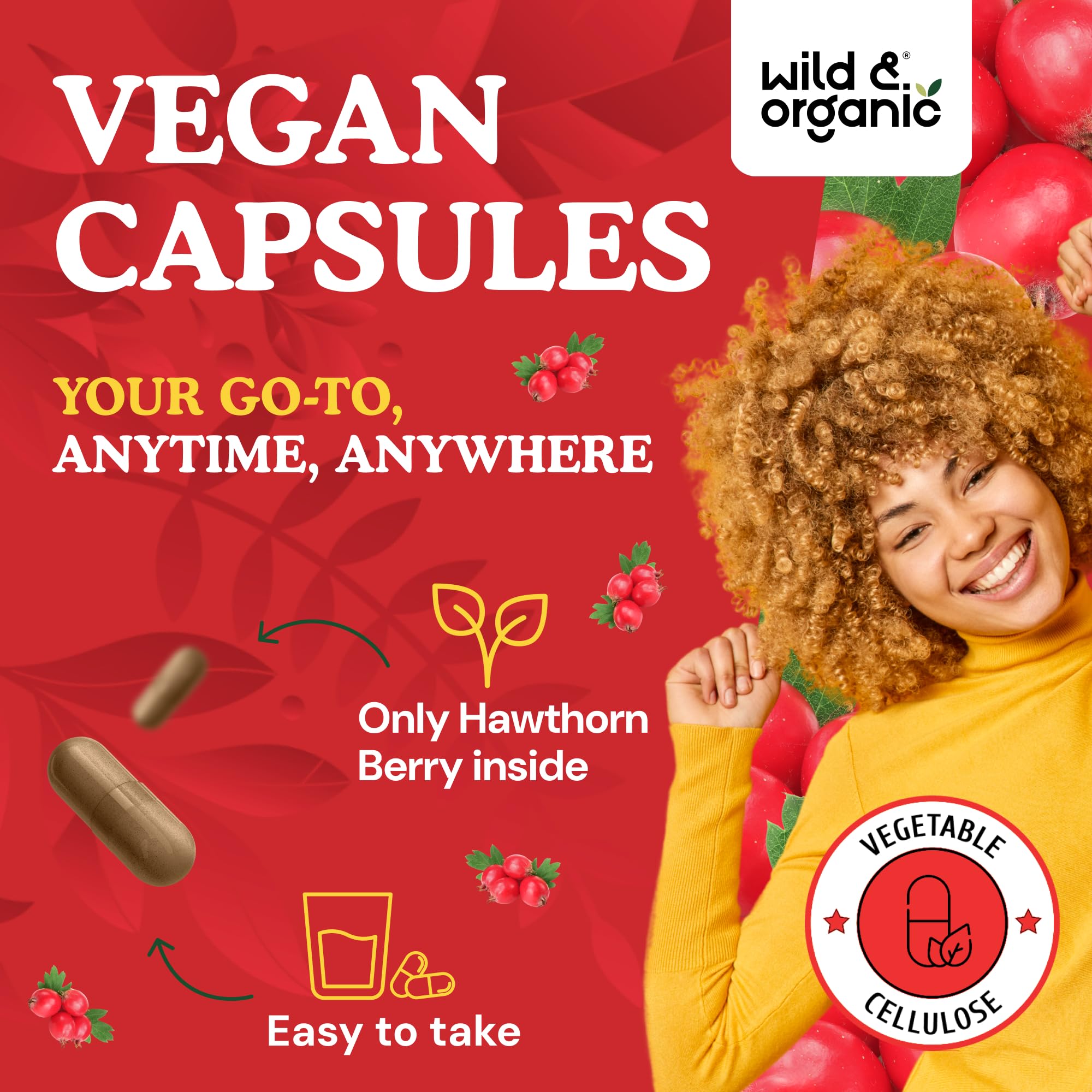 Wild & Organic hawthorn capsules with vegetable coating for easy swallowing.