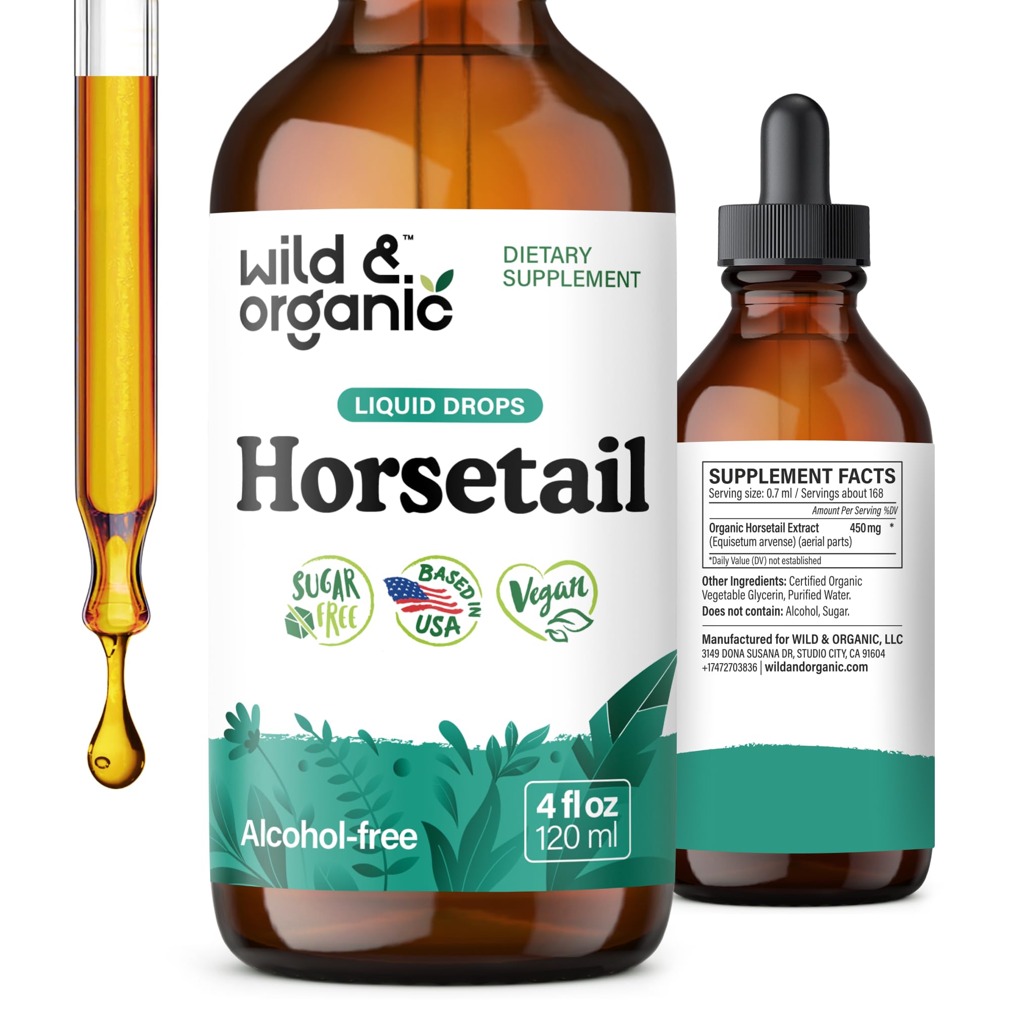 Wild & Organic horsetail tincture bottle front showing the plant-based wellness label