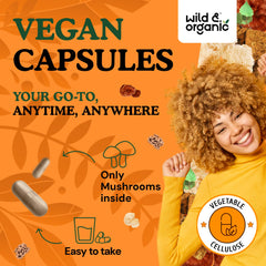 Wild and Organic immune mushroom bottle label emphasizes vegan, non-GMO ingredients.
