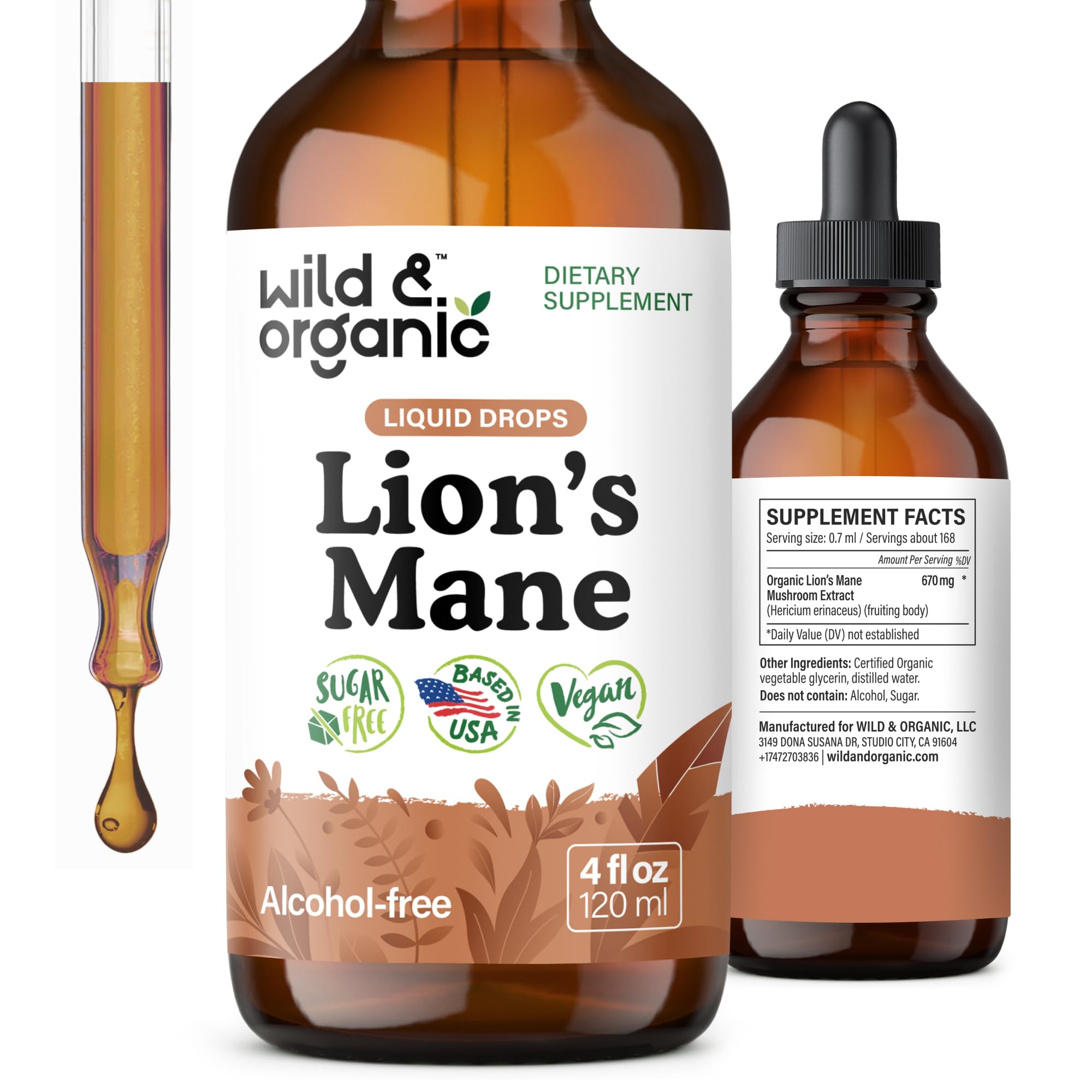 Wild & Organic Lions Mane liquid drops bottle for easy brain support on the go.