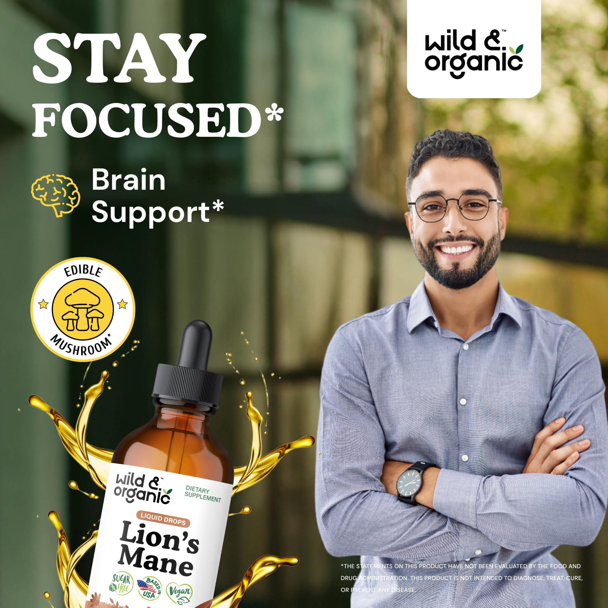 Wild & Organic Lions Mane liquid drops dropper illustrates precise dosing for focus.