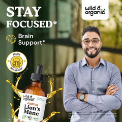 Wild & Organic Lions Mane liquid drops dropper illustrates precise dosing for focus.