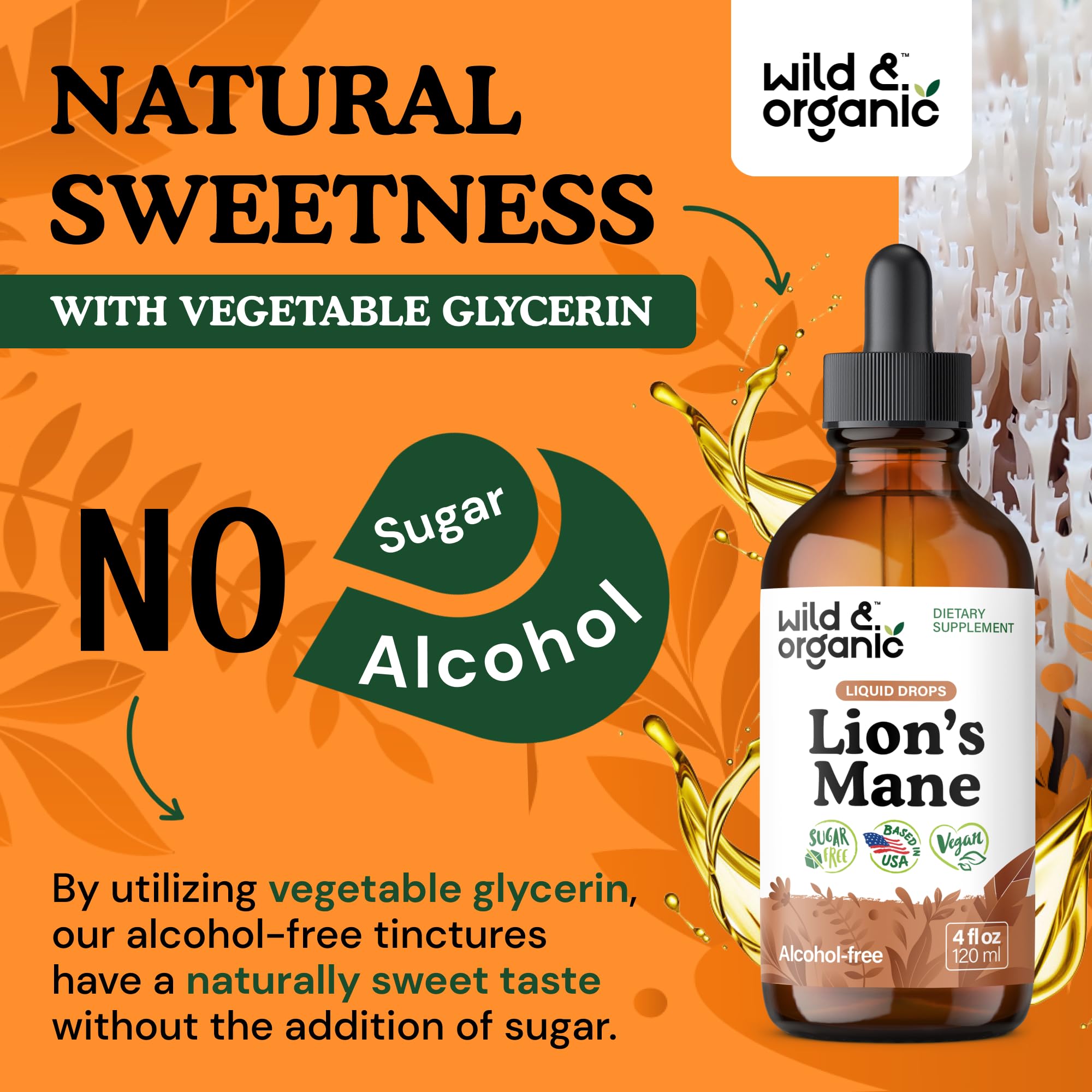 Wild & Organic Lions Mane liquid drops glycerin base supports gentle digestion.